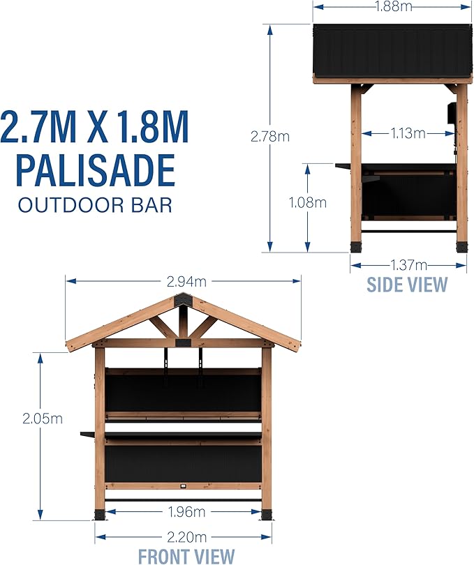 Backyard Discovery Palisade 2.7 m x 1.8 m Cedar Wood Outdoor Bar with Galvanized Steel Roof, Bar Tops, and PowerPort