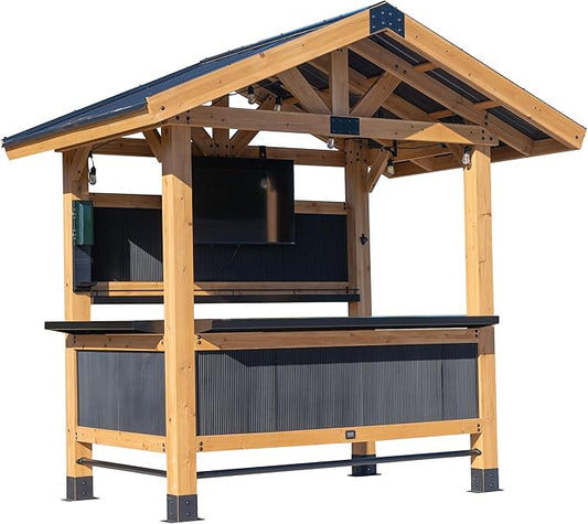 Backyard Discovery Palisade 2.7 m x 1.8 m Cedar Wood Outdoor Bar with Galvanized Steel Roof, Bar Tops, and PowerPort