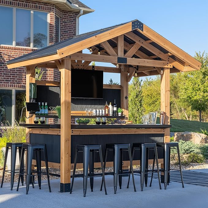 Backyard Discovery Palisade 2.7 m x 1.8 m Cedar Wood Outdoor Bar with Galvanized Steel Roof, Bar Tops, and PowerPort