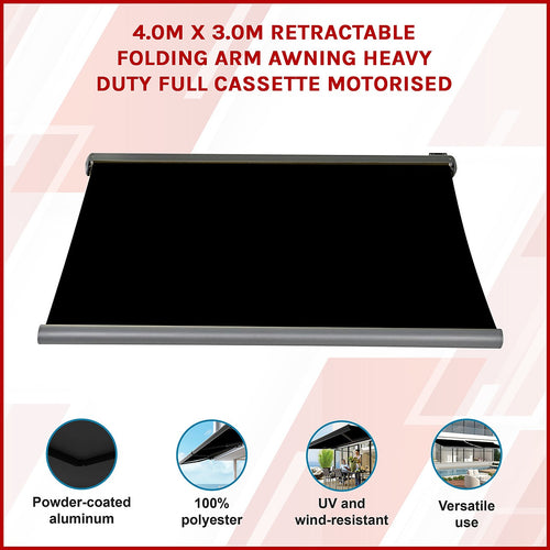 Heavy Duty Full Cassette Retractable Awning: Motorised 4x3m Black Sunshade